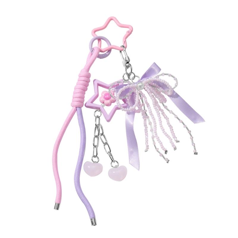Cute Bag Charm Pendant Keyring Bowknot Heart Braided Rope Keychain Bag Charm for Backpack Purse Handbag Decoration