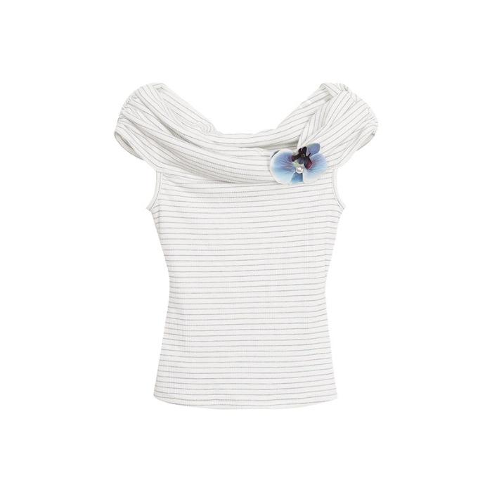 

No price reduction #one-word shoulder short-sleeved t-shirt women s short summer French stripe blue sexy hottie slim top S