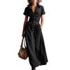 Vestido Largo Estilo Vintage para Mujer con Botones Delanteros, Manga Corta, Cuello, Casual, Maxi Vestido con Diseño Occidental y Detalle de Bolsillo