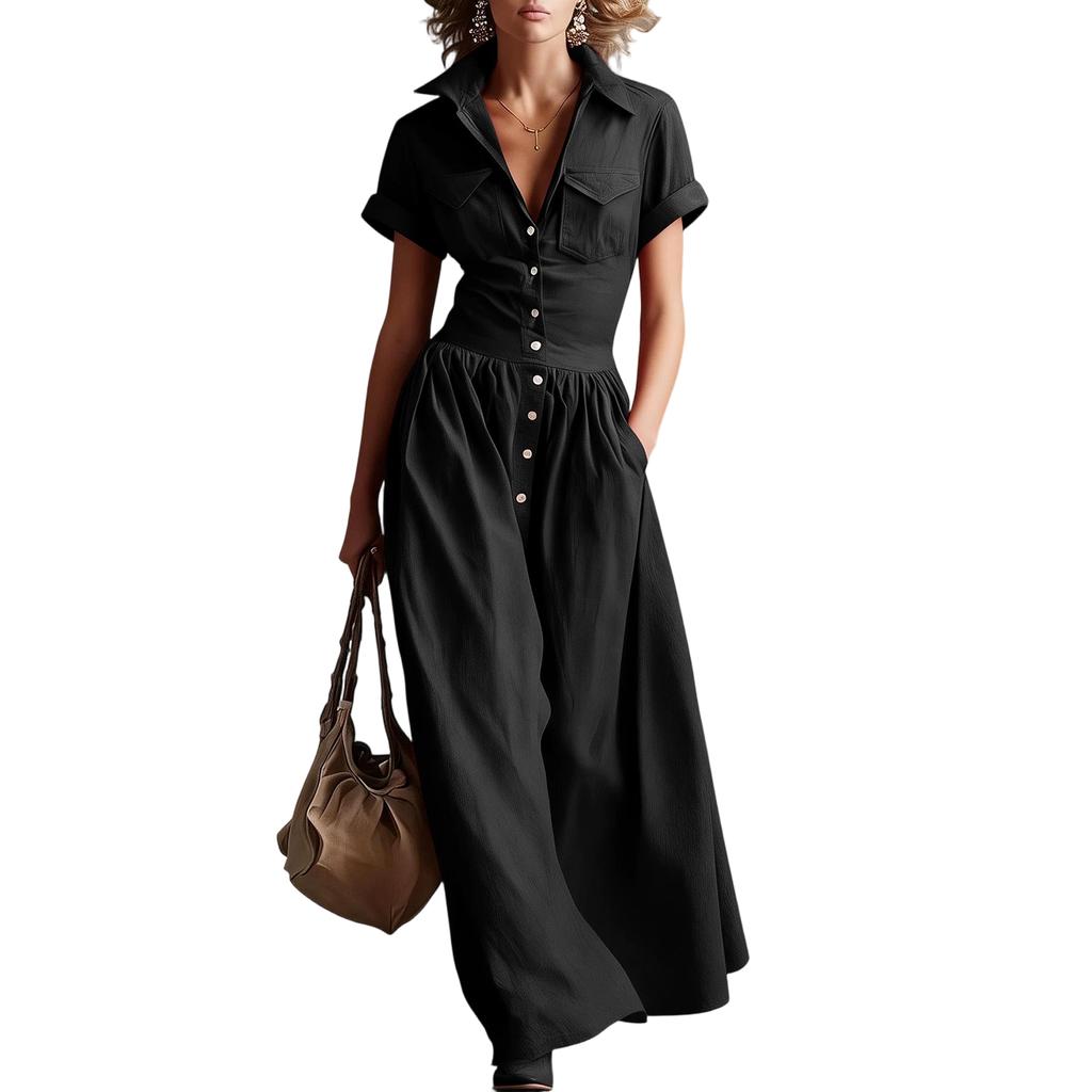 Vestido Largo Estilo Vintage para Mujer con Botones Delanteros, Manga Corta, Cuello, Casual, Maxi Vestido con Diseño Occidental y Detalle de Bolsillo