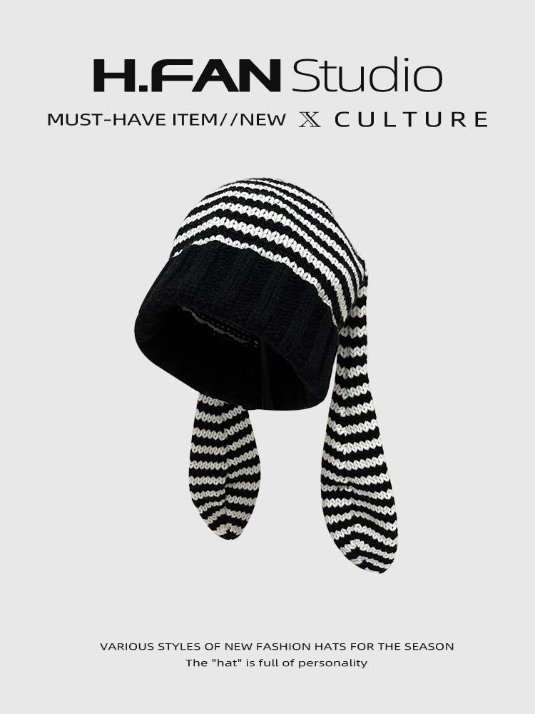 

Autumn and winter hats women s versatile cute rabbit ears striped knitted wool hat winter warm ear hat One Size