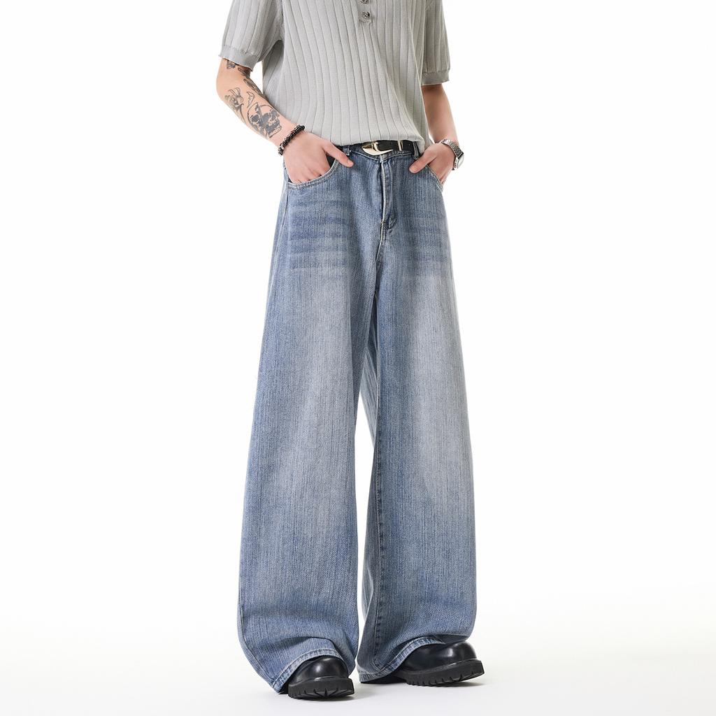 Summer Horizontal Pattern Washed Wide-leg Jeans Men's Thin Mopping Pants Loose Drop American High Street Casual Men's Pants