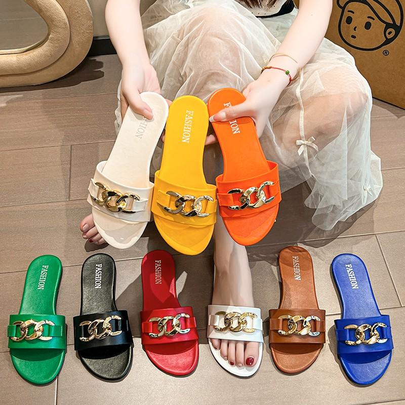 Fashion 2025 New Flat Leopard Women'S Slippers New European American Metal Chain Square Toe Flat Shoes Women'S Sandals Slippers Zapatos