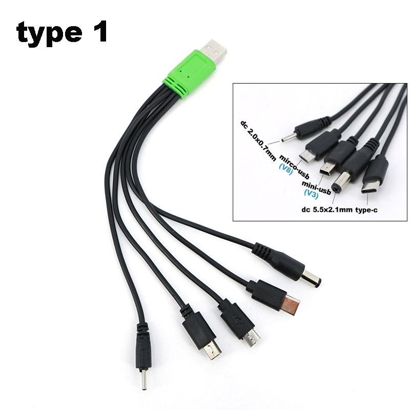 1 USB male to 5 way 10 way type c DC 5.5x2.1mm 2.0x0.7mm male 5P V3 V8 mirco usb male power charging spring cable 10 in1 charger