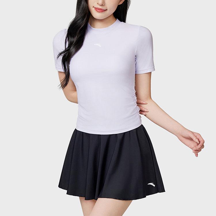 Anta Solid Color Round Neck Pullover Short Sleeve Pleated Skirt Two-Piece Swimsuit Women swimsuit Light-Purple Basic-Black 1824532485-1
