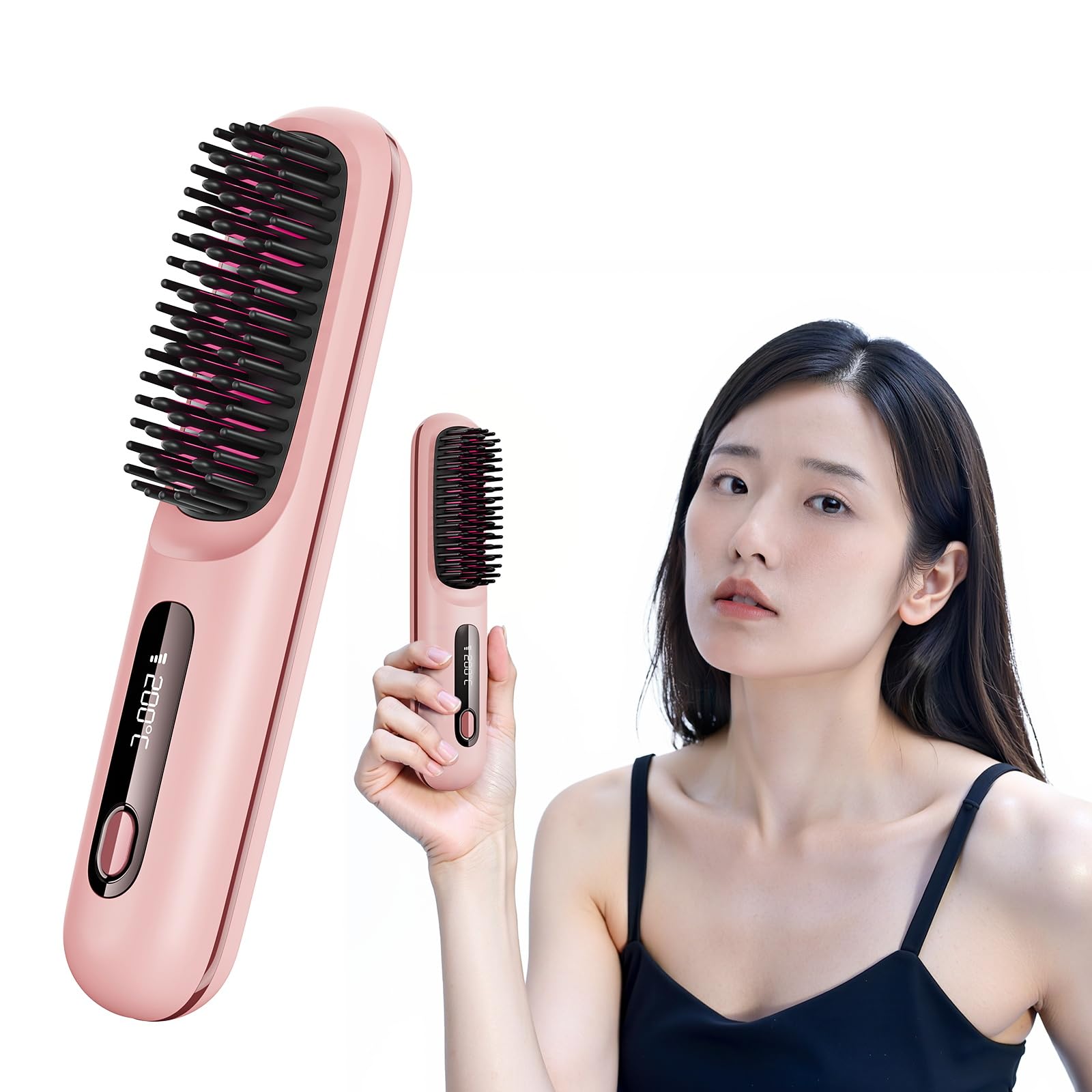 

Advanced Heat Brush Cordless Brush Iron Straightener Negative Ion Digital Display Rechargeable USB Rechargeable Temperature Adjustment Ceramic Coating рожевий