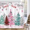 Merry Christmas Shower Curtain,Pink Green Xmas Tree Pine Branches Winter Holiday Bathroom Decor Polyester Fabric Waterproof Bath