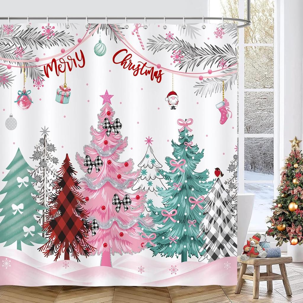 Merry Christmas Shower Curtain,Pink Green Xmas Tree Pine Branches Winter Holiday Bathroom Decor Polyester Fabric Waterproof Bath