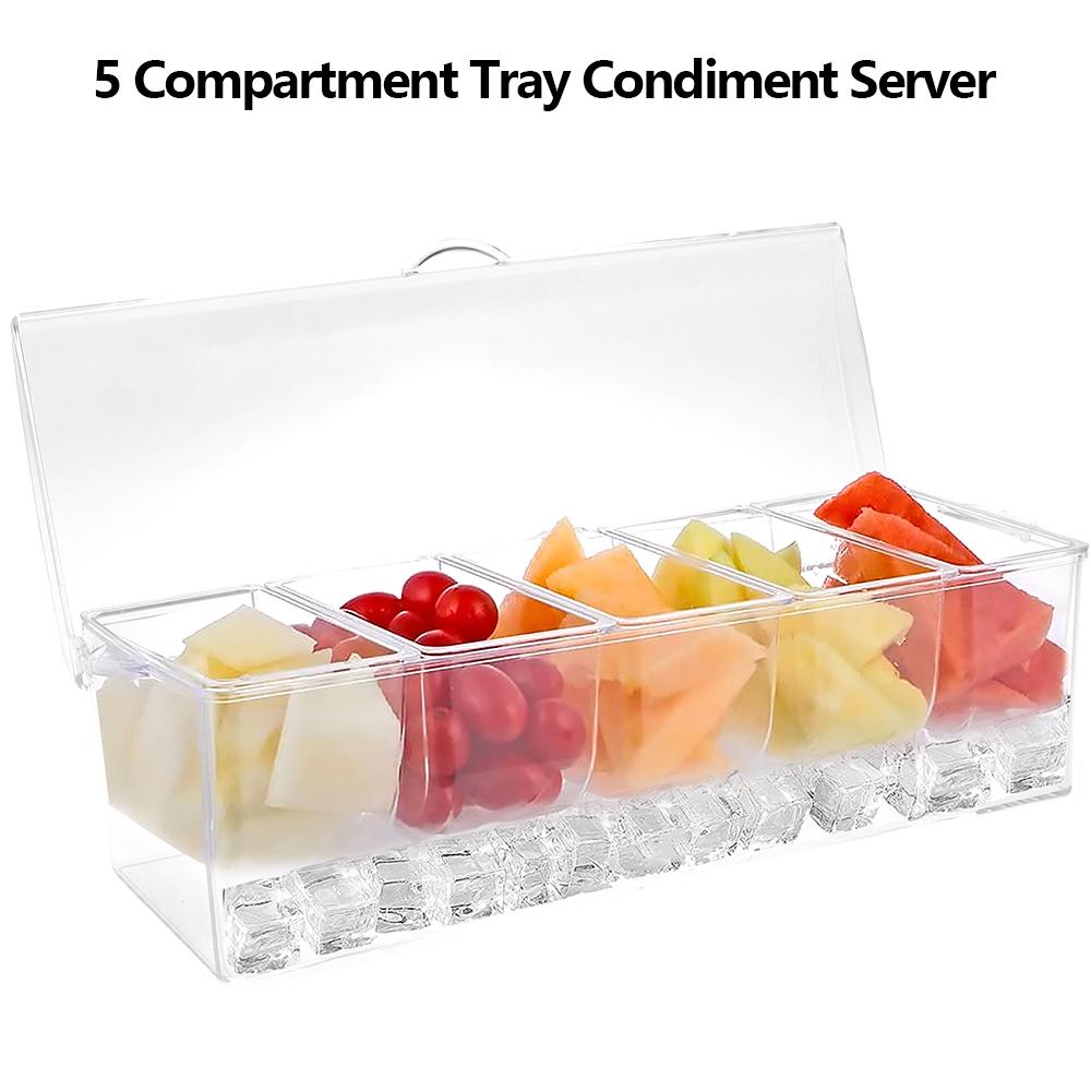 Chilled Condiment Server Reusable Clear Garnish Tray with 5 Removable Compartment Food Grade Safety Chilled Serving Container