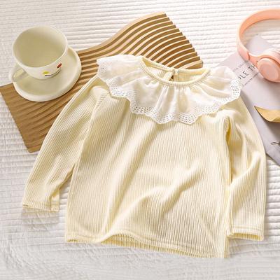 Ubranka dla niemowląt Jesień Dziewczęce T-shirty z długim rękawem Koronkowy kołnierzyk lotosowy Księżniczka Dziecięca Prążkowana koszulka bazowa Maluch Bawełniane topy