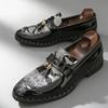 Men's Business Formal Slip-On Loafers Pointed Toe Patent Leather Shoes with Shiny Tassel & Snake Print, Suitable Office Party