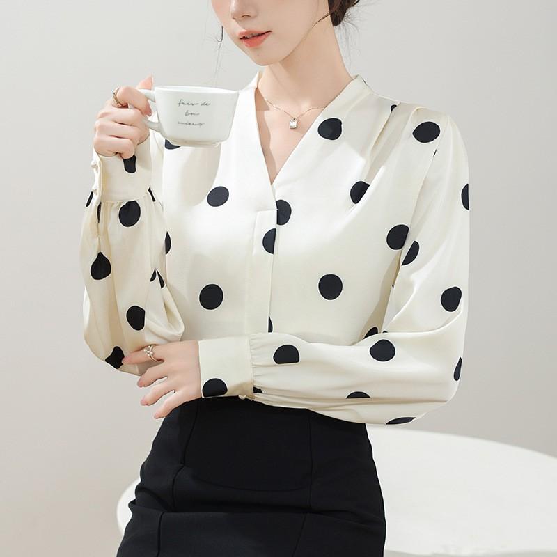 Womens Elegant Polka Dot Blouse Vintage Satin Shirt With Floral Ribbon Detail