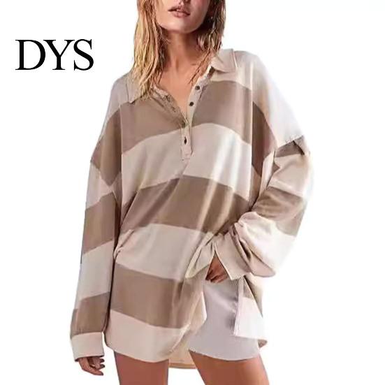 Lady Spring Top Women Sweatshirt Colorblock Striped Turn-down Collar Long Sleeves Buttons Loose Pullover Casual Homewear Sport Clothes Plus Size