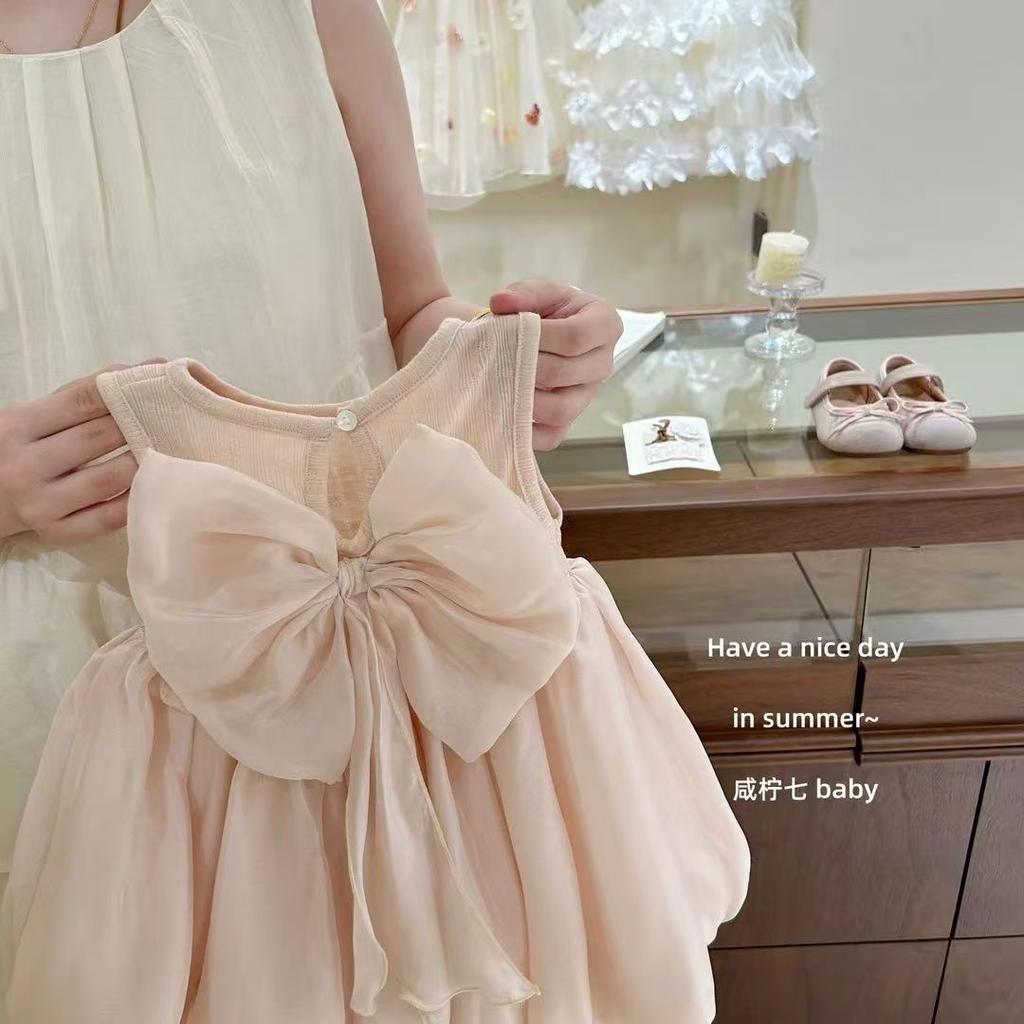 Summer Girls Pink Bow Princess Sleeveless Dress Sweet Baby Party Outfit
