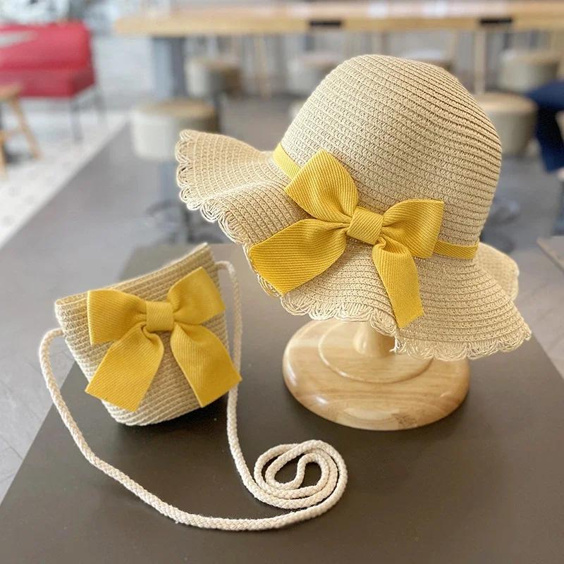 Kinderhut für Mädchen 2-7 Jahre Stroh Kinder Sonnenschutzkappe Tasche Sommer Baby Reise Sonnenschutz Strandhut Sonnen Fischerhut Modischer Stil