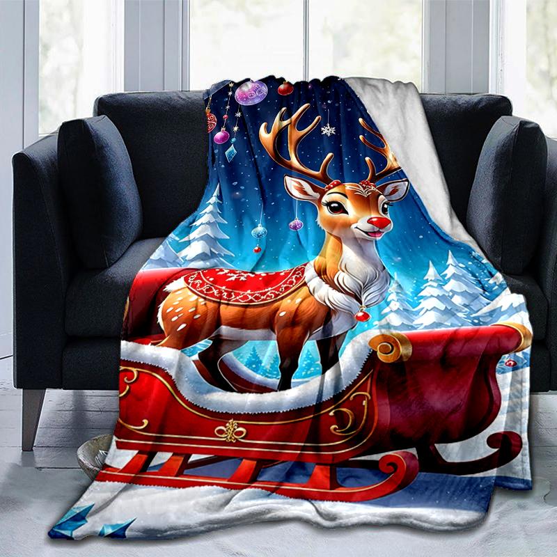 1Pc Christmas Reindeer Sleigh Blanket Soft And Comfortable Casual Warm Camping Travel Christmas Halloween Gift M921388