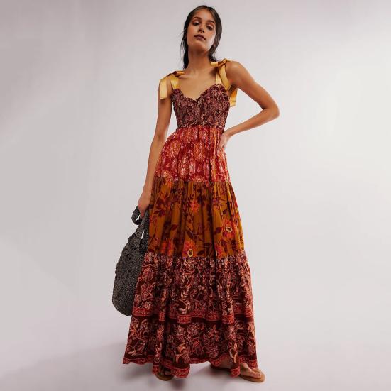 

Платье макси Шнуровка Бретельки на плечи Плиссированные Пэчворк Трапеция Подол Цветочный принт Без воротника Без рукавов Спинки Ретро S жёлтый