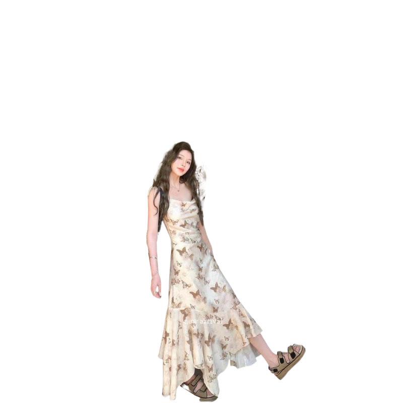 Niche Irregular Floral Print Waist-Cinching Elegant Suspender Dress for Spring & Summer