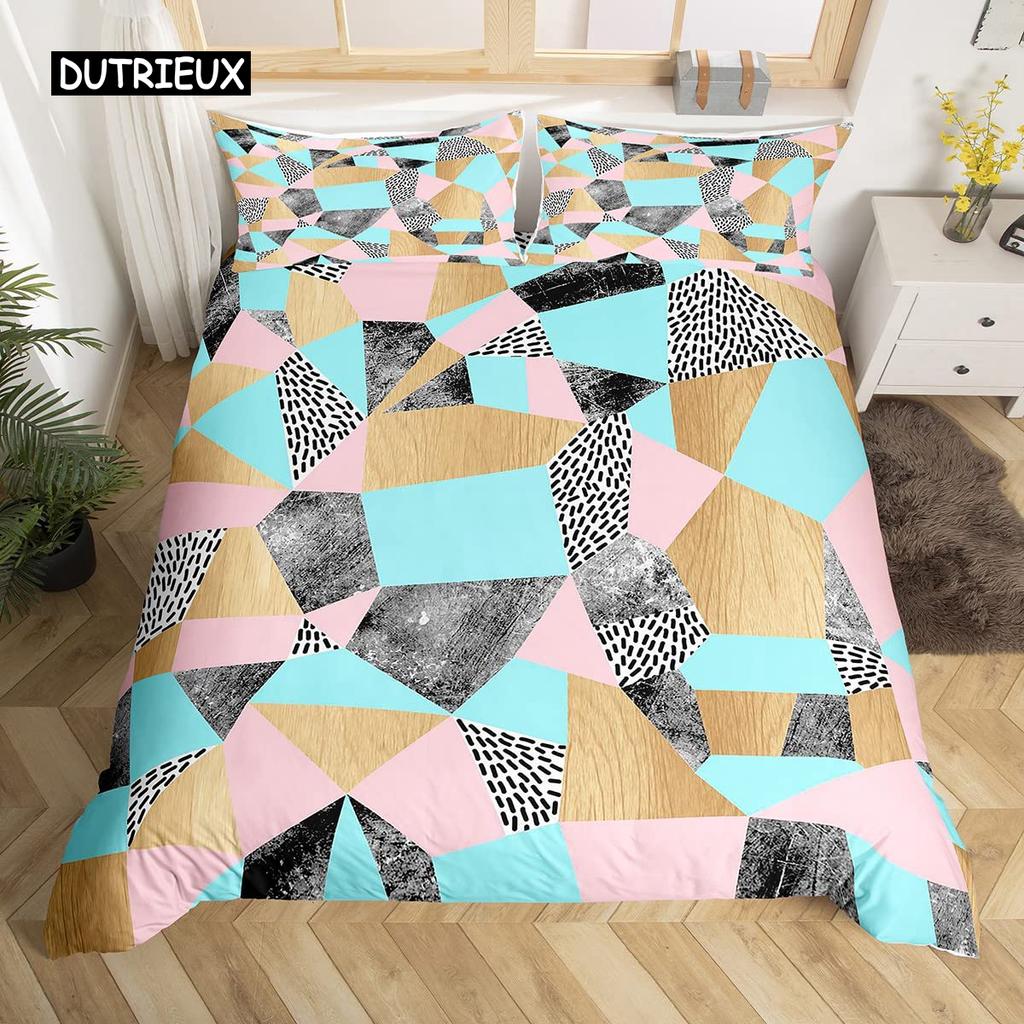 Geometry Duvet Cover Set King Blue White Black Triangle Striped Bedding Set Polyester Vintage Hand Drawn Bold Stripe Quilt Cover