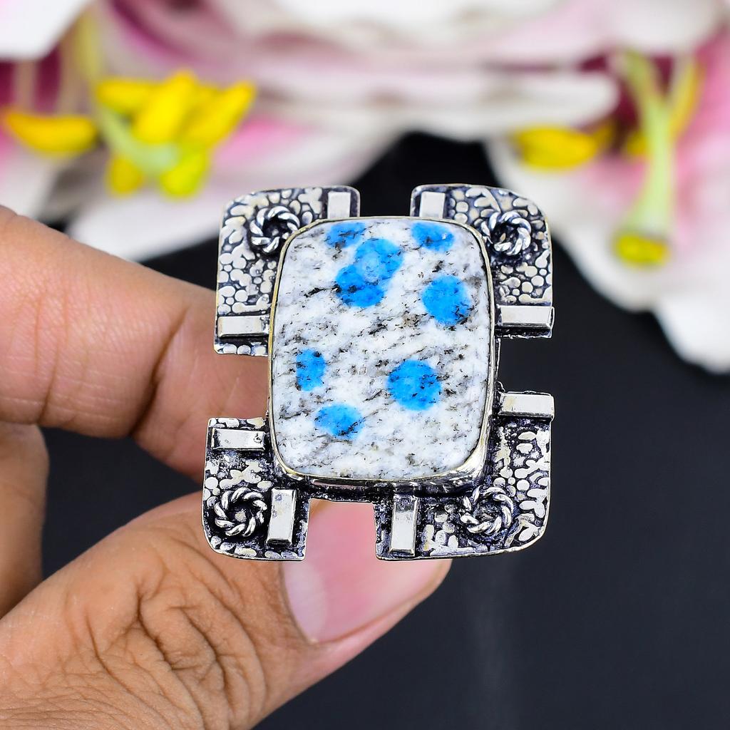 K2 Blue Azurite Gemstone Handmade 925 Sterling Silver Jewelry Ring Size 9.5 KG-1710