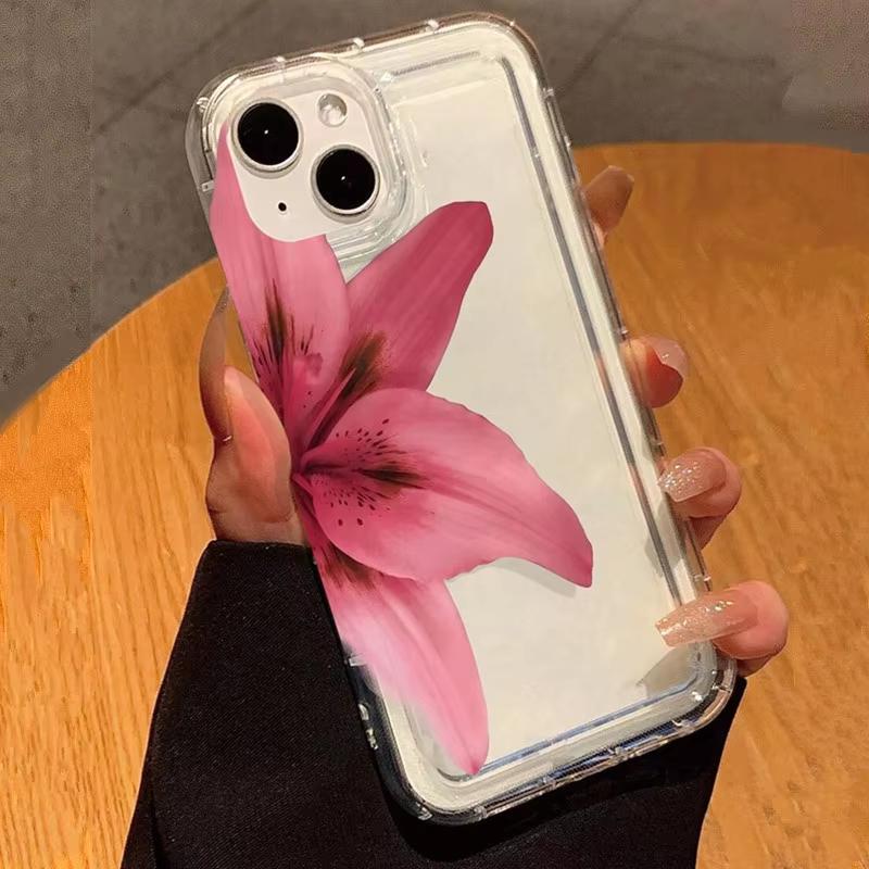 Ins Pink Lily Pattern Transparent Phone Case for iPhone 17 16 16E 14 13 15 Pro Max 11 12 Pro 17 Air 15 Plus Shockproof Cover