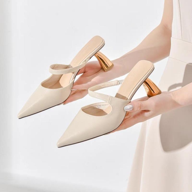 Women's Slippers and Ladies Sandals Leather Sexy Slides Black Shoes Pointed Toe Mules Vip Eva Korea Style Chic Elegant on Sale