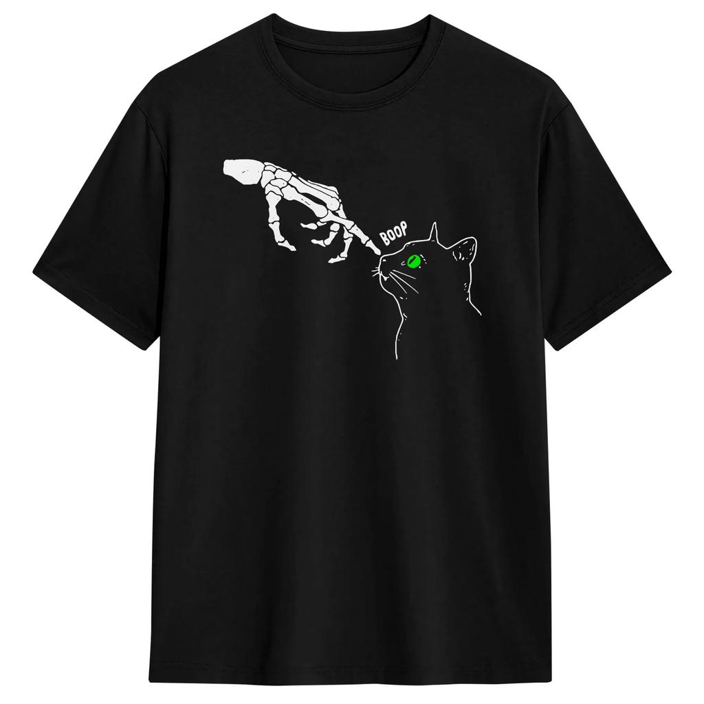 Casual T-Shirt Summer Skeleton Hand Boop On A Cat's Nose Funny Halloween Graphic Leisure T Shirts 100 Cotton Tshirt for Man