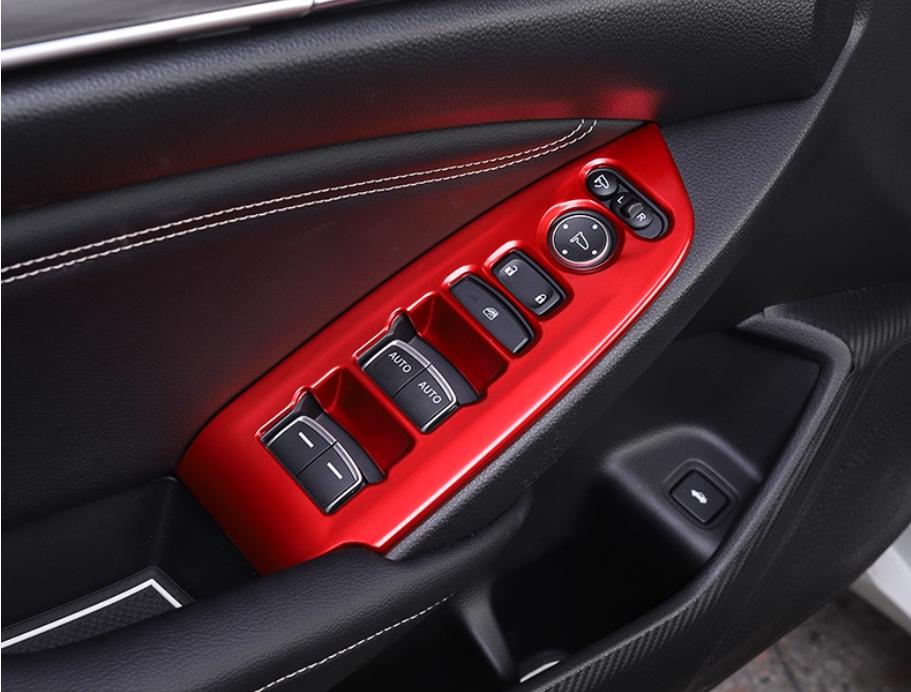 Honda Accord 18th Gen Red Interior Trim Kit: Gear Shift Frame, Armrest, Air Vent, Gear Knob, Steering Wheel.