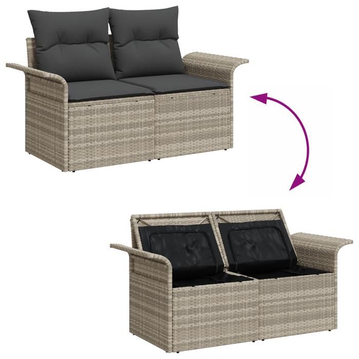 Ensemble de sofa de jardin 8 pièces avec coussins gris clair poly rotin, Sofa de jardin 2 places avec rangement et coussins 3357065