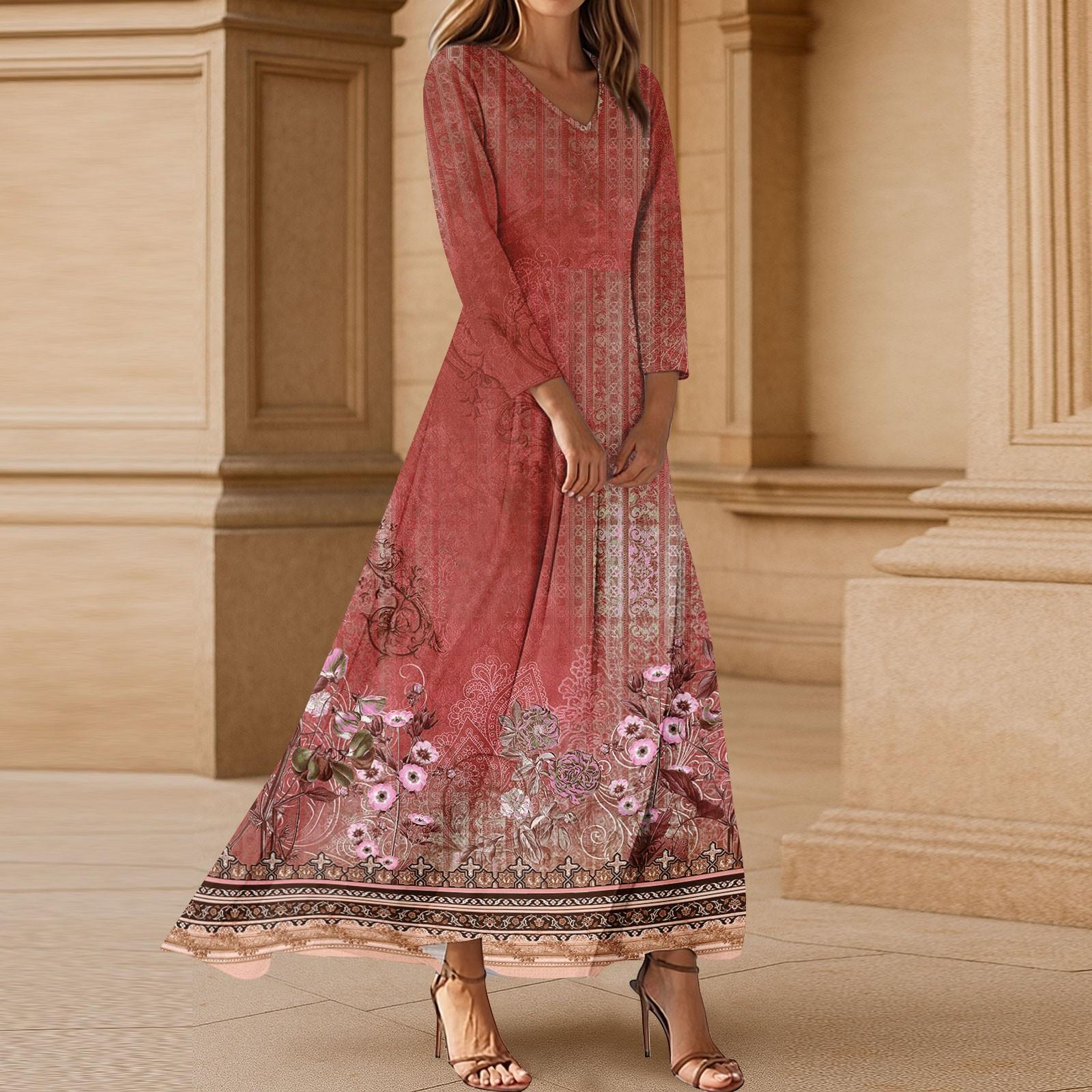 

Платья для женщин Винтажное цветочное туниковое платье миди с завышенной талией Летнее повседневное платье с рукавом 3/4 M винный