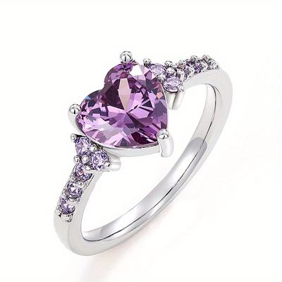 1PC Imitation Purple Crystal Zircon Ring, Fashionable Wedding Noble and Elegant Heart-shaped Ring, Engagement and Proposal Ring