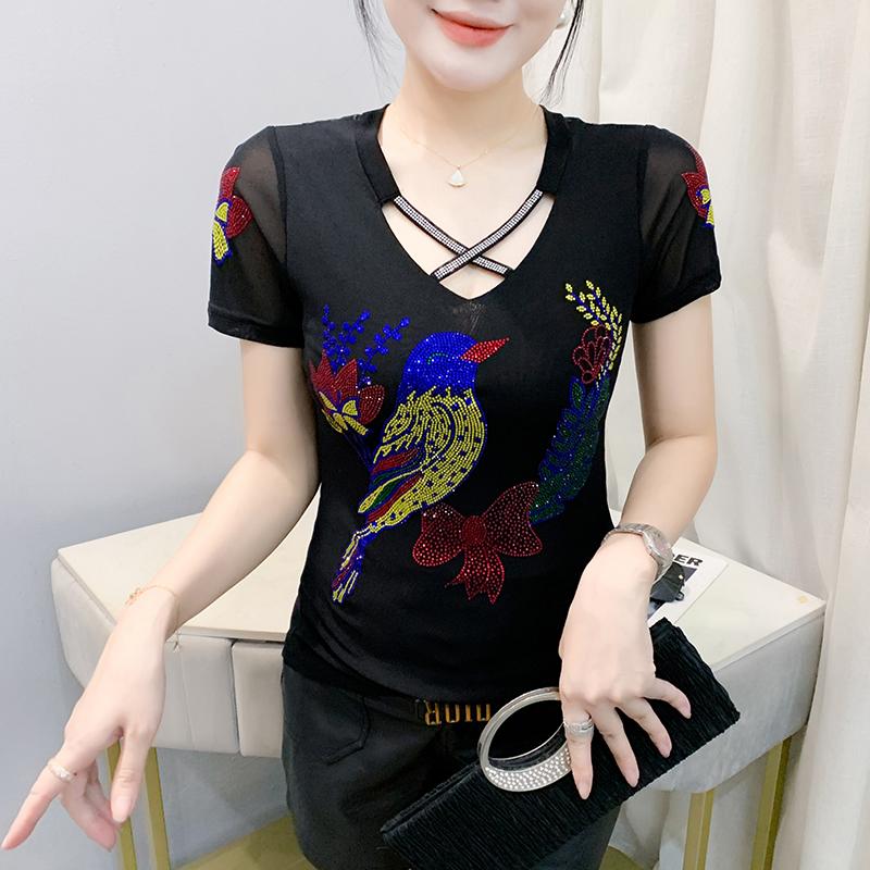 Designer Cross V-neck Shiny Hot Diamond Mesh T-shirt Summer High Quality Short Sleeve Tees Women's Tops