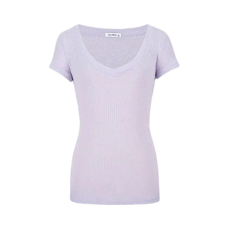 

Queen of the Demon West Pure Desire Slightly Translucent V-neck Right Shoulder Short Sleeve T-Shirt Slimming Simple and Anti-Protection XL фіолетовий