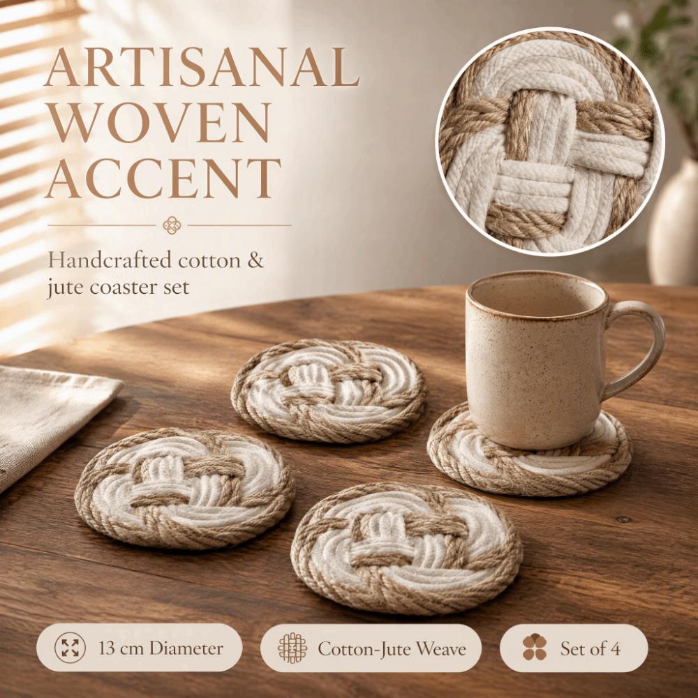 4pcs Braided Design Woven Drink Coasters Round Shape Cotton Coasters For Daily Household Use