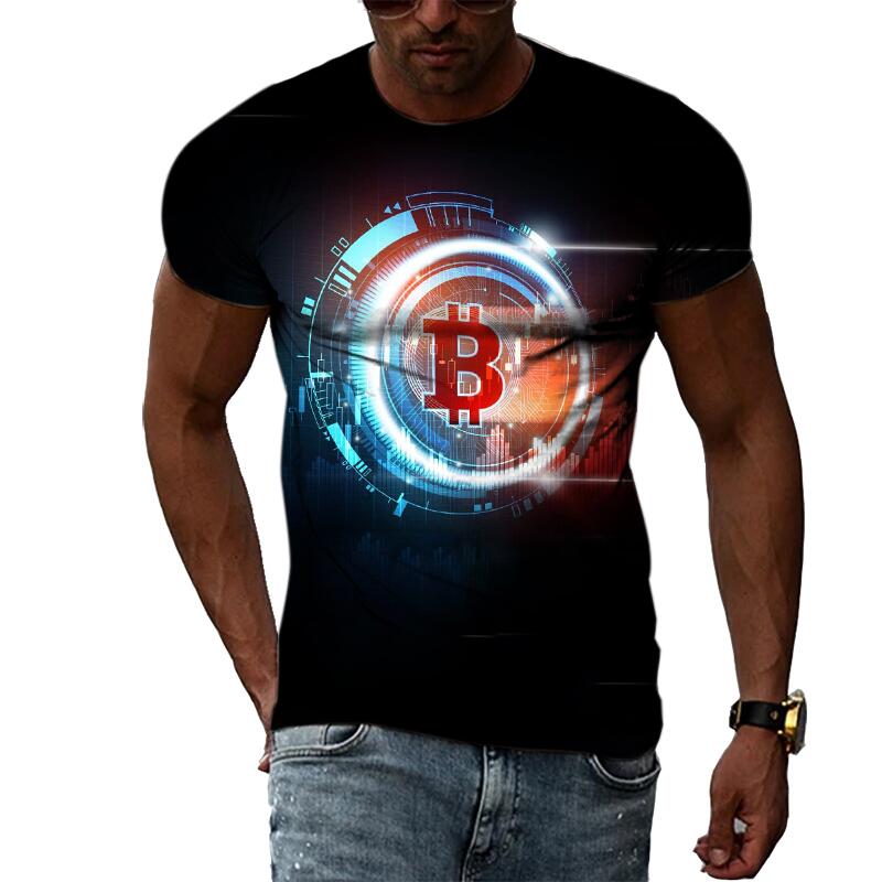 Summer Fashion Abstract Bitcoin 3D Print Tee Hip Hop Harajuku Personality Round Neck Short Sleeve Casual Men's T-shirts