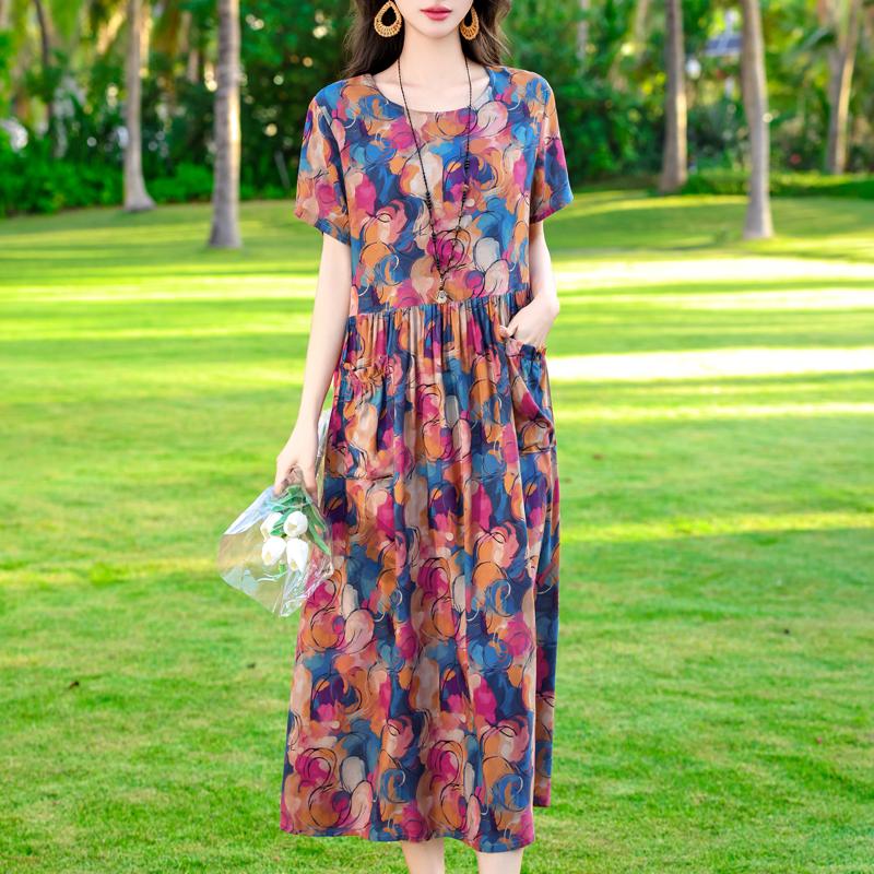 Vintage Print Lange Jurken voor Vrouwen Plus Size Korte Mouw Casual Zomerjurk Elegante Middelbare Leeftijd Dameskleding