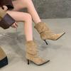 Korean Version of Retro Pointed-toed Fine-heeled Pleated Piled Boots for Women's 2025 Autumn and Winter New Temperament Versatile Commuter Mid-tub