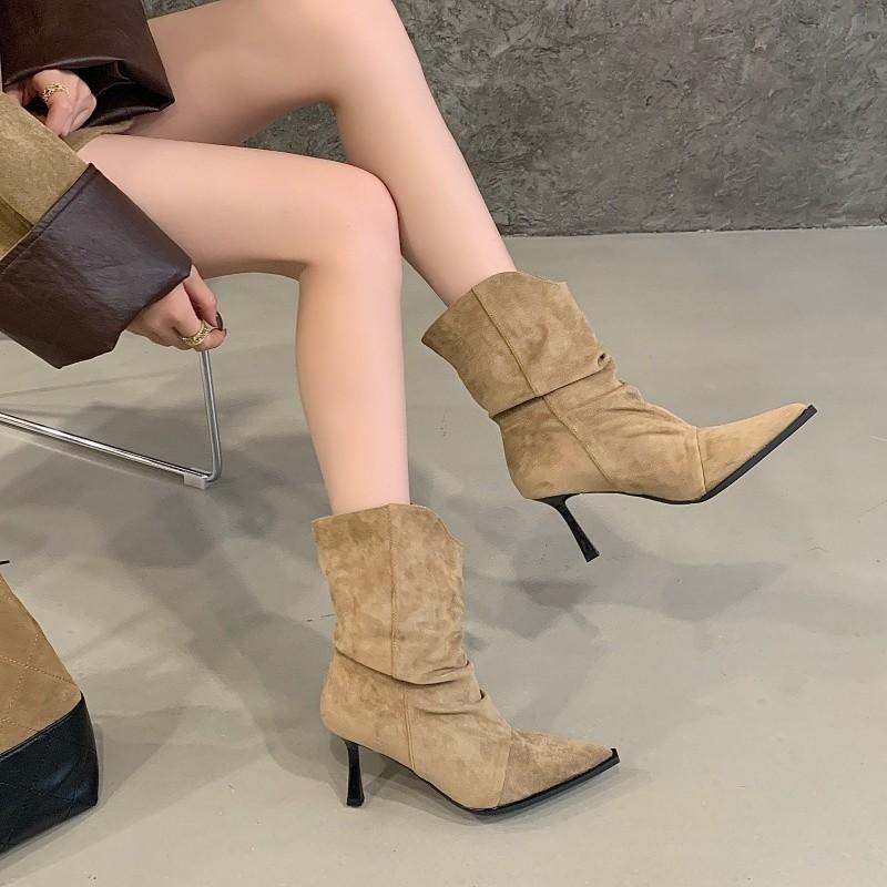 Korean Version of Retro Pointed-toed Fine-heeled Pleated Piled Boots for Women's 2025 Autumn and Winter New Temperament Versatile Commuter Mid-tub