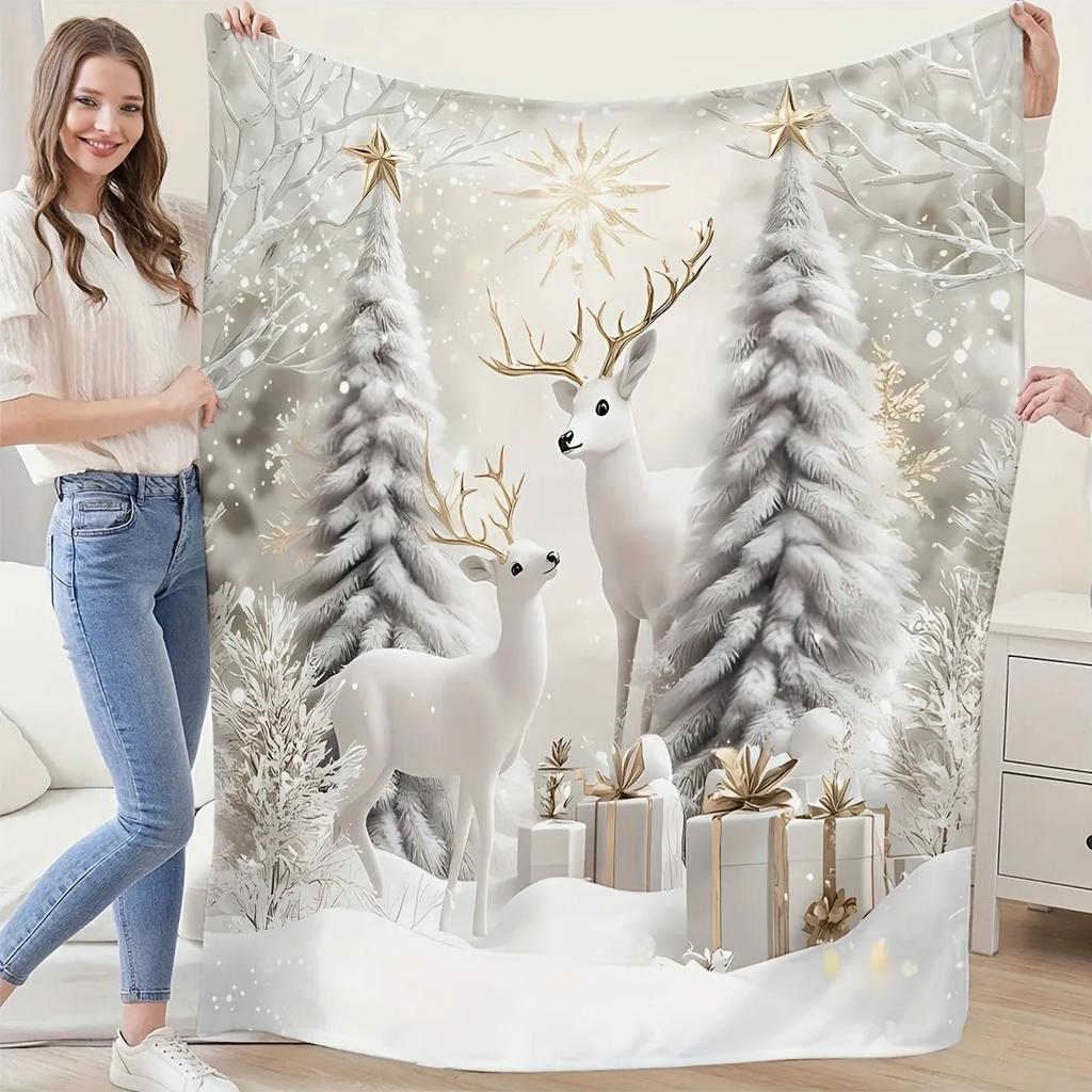 JIT 1pc Winter White Deer Christmas Polyester Blanket 2D Flat Print Elegant Home Decor Bedroom Sofa Throw Cozy Charming