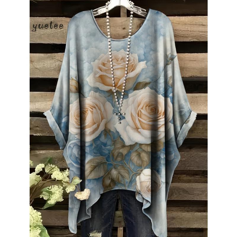 Camiseta para Mujer Estampado Floral Colorido Cuello Redondo Top Dobladillo Irregular Manga Corta Talla Grande Ropa para Mujer Casual al Aire Libre