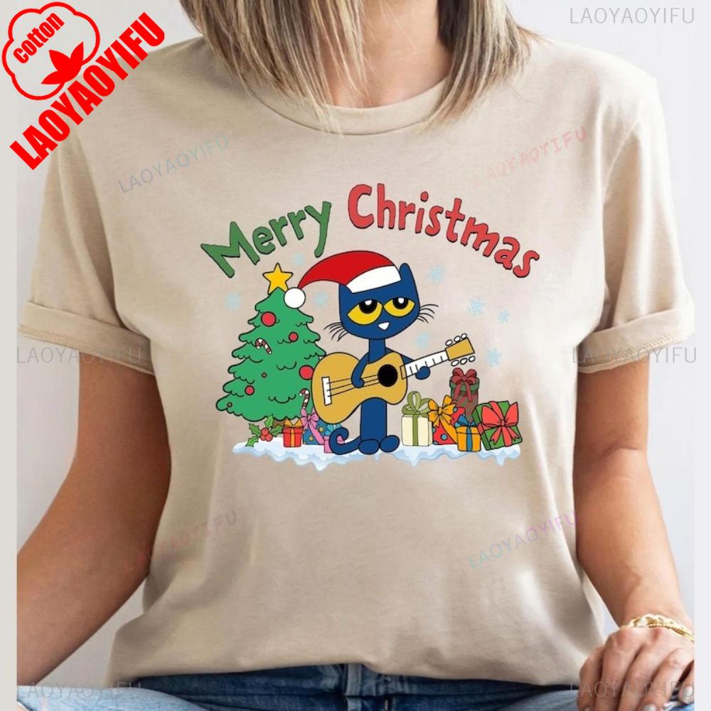 Merry Christmas Pete The Cat Shirt Cute Kitty Playing Guitar Holiday TShirt Women Xmas Gift Tee Cartoon Cat Lover Clothing S