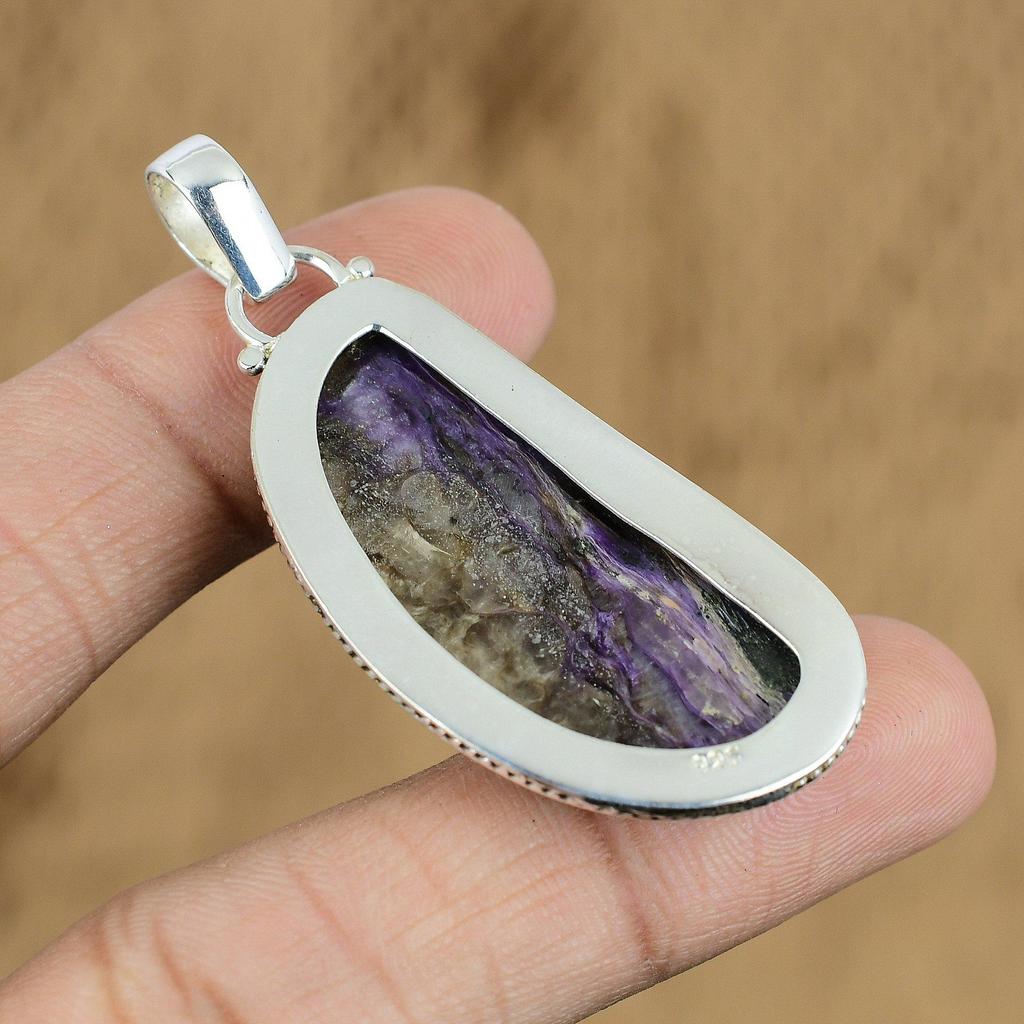 Natural Russian Charoite Gemstone Jewelry 925 Sterling Silver Pendant For Women