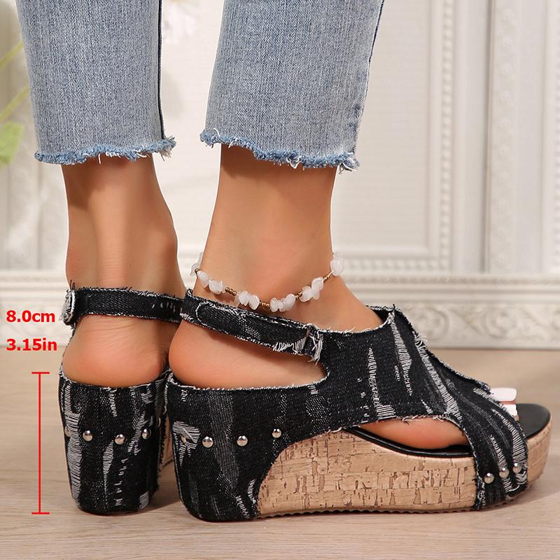 Fashion Blue Denim Wedges Sandals for Women 2025 Summer Thick Bottom Beach Shoes Woman Peep Toe Chunky Platform Sandalias Mujer