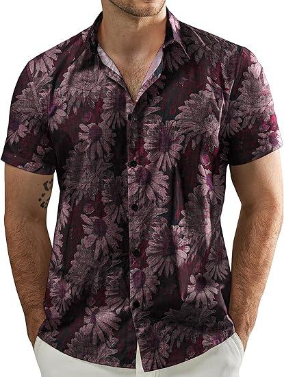 Men's Short Sleeve Shirt, Sunflower Print Loose Fit Shirt, Lightweight Collared Button-Up Casual Top