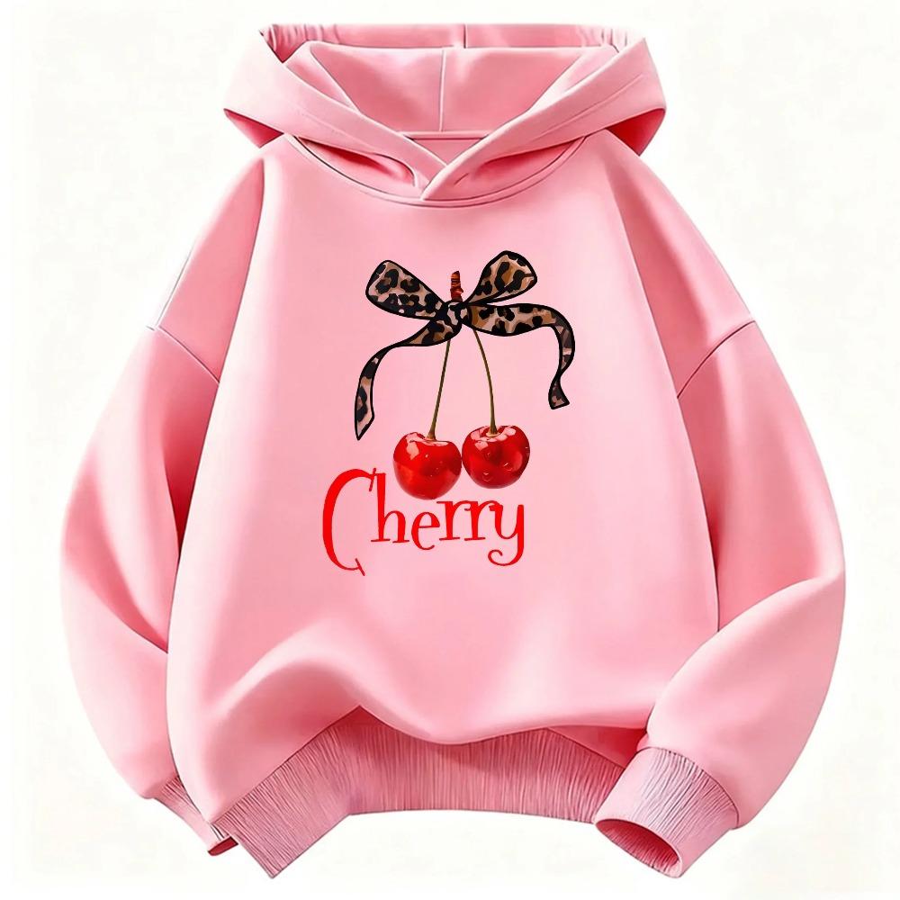 Children's Bowknot Cherry Print Casual and Comfortable Hooded Sweater Sweet and Childlike Long-sleeved Pullover