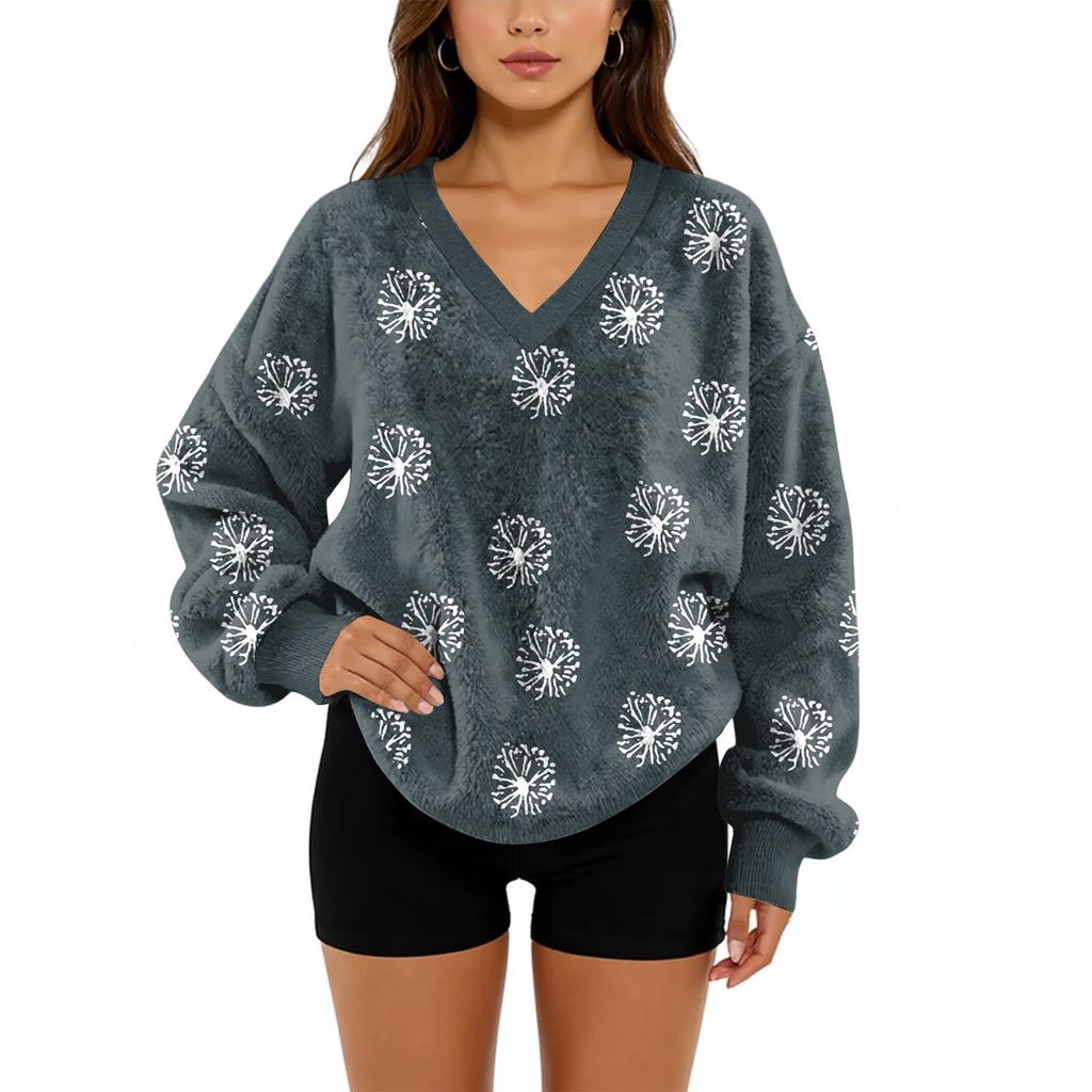 Women's V-Neck Sweatshirt Plush Solid Color Casual Fashion Long Sleeve With Pocketed Pullover Top