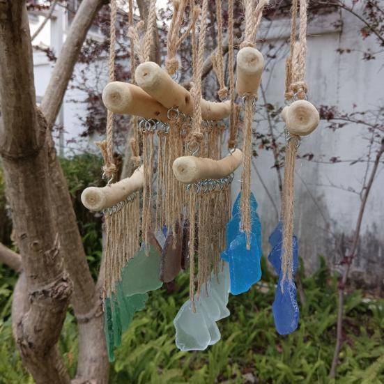 Handmade Sea Glass Wind Chimes for Outside Coastal Style Hanging Wind Chime with Wooden Hanger for Home Wall Garden Decor Gifts for Mom Women