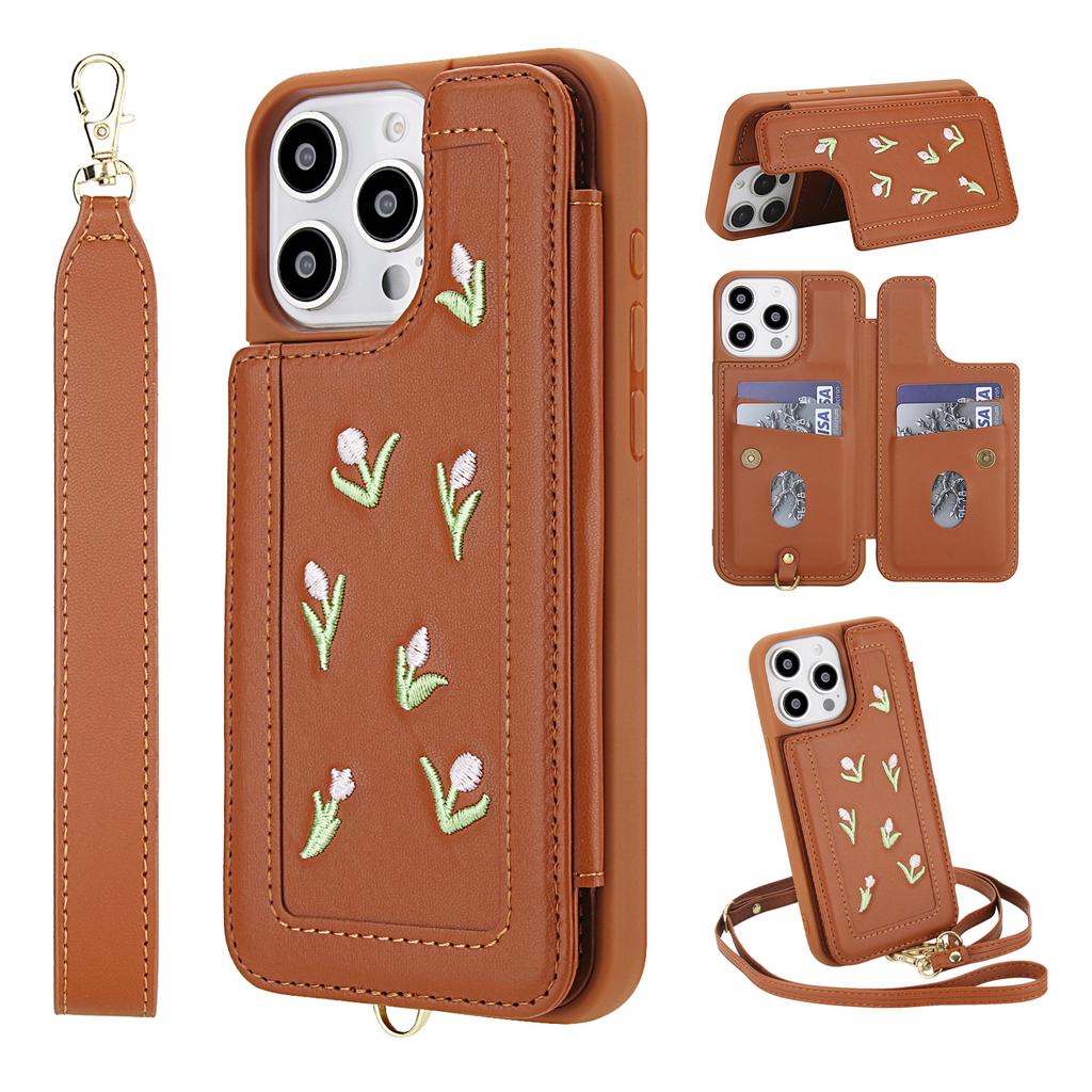 For iPhone 14 Pro Case Embroidered Tulips PU Leather Card Holder Back Cover with Shoulder Strap/Wrist Strap