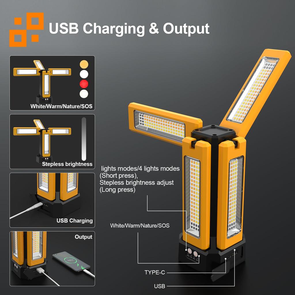 8000lm Ultra-Bright LED Work Light with USB Rechargeable and Solar Powered Features, 4 Lighting Modes, 3 Color Switching Options (Daylight, Warm