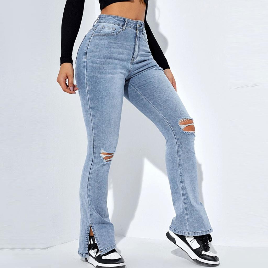 Women's Fashion Ripped Foot Side Slit Slim Stretch Pants Jeans